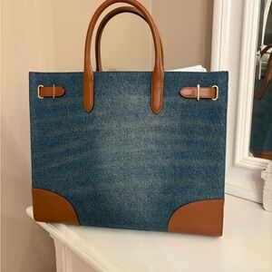 Ralph Lauren Denim Blue and Brown Leather Tote Bag LARGE Brand new with Tags